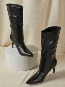 SHUZIA Giày bốt cao đến giữa bắp chân, mũi nhọn, khóa kéo bên hông quyến rũ, gợi cảm dành cho nữ - màu đen - Xem 2