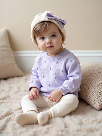 Suéteres de cuello redondo de manga larga tejidos para niñas, elegantes y versátiles, aptos para otoño/invierno, morado y morado claro