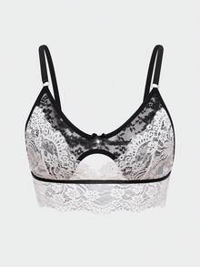 SHEIN Elacene Black & White Contrast Lace Comfortable Bra For Women - Black and White - View 7
