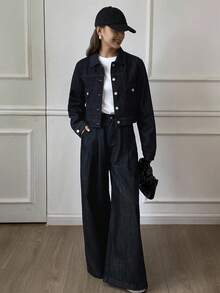 DAZY Women's Denim Jacket With Collar And Loose Pants 2 Pieces Casual Street Wear Denim Set