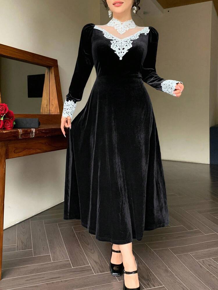 Women's Elegant Stand Collar Lace Patchwork Contrast Color Waist Cinched Velvet Dress With Hollow-Out Decor Winter