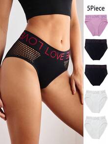 EasyFave 5pcs/Set Women's Letter Waistband Hollow Out Seamless Thong Panties - Multicolor - View 1