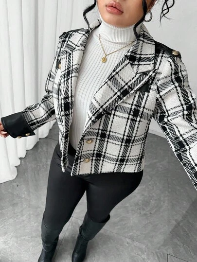 Elenzga 大码女式格子拼接PU优雅纽扣开合西装外套，秋冬