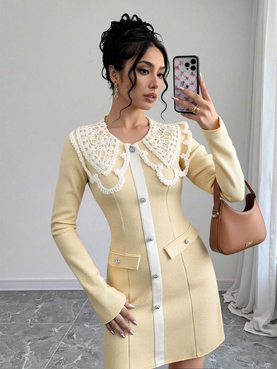Modelyn 女式撞色蕾丝单排扣修身长袖优雅连衣裙 - 黃色 - 查看 1