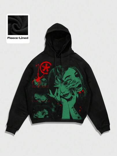 Men's Graphic Print Anime Drawstring Hooded Fleece Sweatshirt, Casual For Autumn/Winter