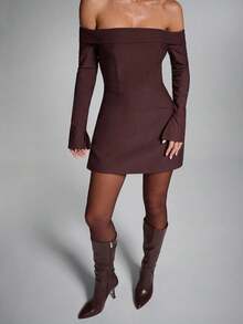 SHEIN BAE Fall And Winter Women's Solid Color Off Shoulder Long Sleeve Zipper Back Design Fashion Dress, Brown Dress Women,Elegant Suit Dress - Rust Brown - View 3