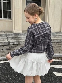 青少年女孩格子长袖单排扣彼得潘领可爱衬衫 - 彩色 - 查看 2