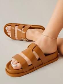 Solecia 2025 Summer New Arrival Women's Fashion H-Shape Black Rivet Platform Soft Bottom Sandals, Hook And Loop Closure, Versatile Strap Non-Slip Open Toe Flat Sandals - Brown - View 8