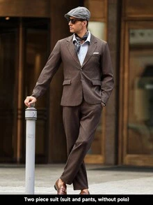 Manfinity Bizformal 男士纯色夹克和裤子西装棕色西装男孩棕色西装棕色西装套装男士棕色西装深棕色西装男士两件套西装男士西装外套和裤子男士办公室装经典男士服装棕色西装外套和裤子 - 咖啡棕 - 查看 1