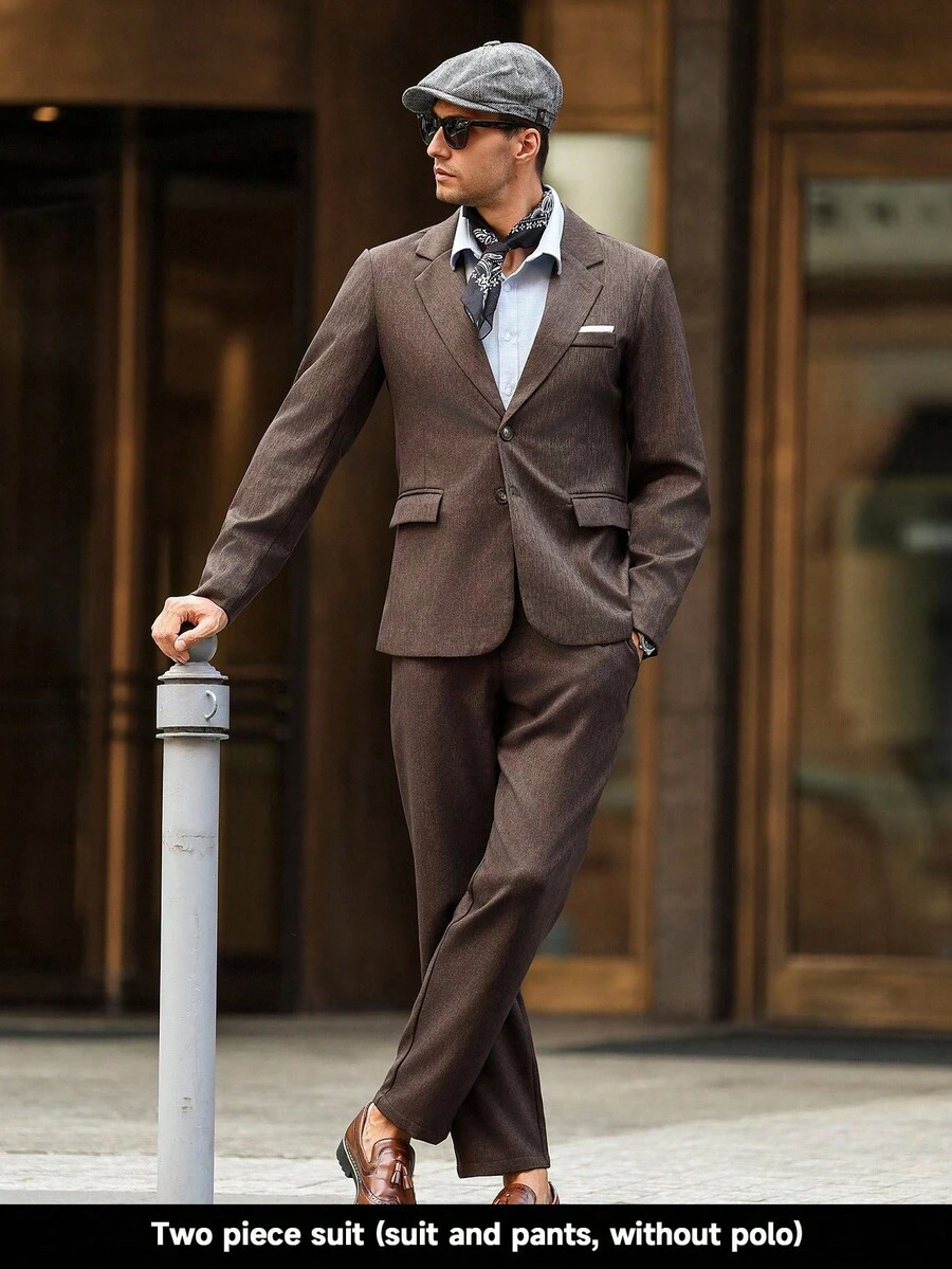 Manfinity Bizformal 男士纯色夹克和裤子西装棕色西装男孩棕色西装棕色西装套装男士棕色西装深棕色西装男士两件套西装男士西装外套和裤子男士办公室装经典男士服装棕色西装外套和裤子 - 咖啡棕 - 查看 1