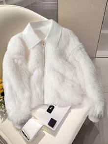 Franclia Women's Simple And Fashionable White Plush Coat Lapel PU Splicing Plush White Coat Long Sleeve Women's Winter Coat Women's Jacket, Autumn Women's Clothing Autumn Clothing Autumn Clothing Autumn Clothing Women's Clothing Autumn Clothing Women's Clothing Going Out Winter Women's Clothing Winter Clothing Elegant Fashion Casual Commuting Business Office Daily Leisure Versatile Temperament Urban Teacher Professional Clothing - White - View 3