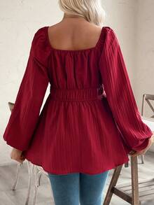 SHEIN 孕妇衬衫，纯色方领，系带腰部，长灯笼袖，荷叶边下摆，休闲衬衫 - 酒紅色 - 查看 2