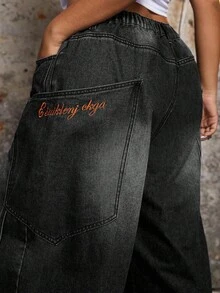 SHEIN ICON Quần jean ống rộng cài nút thời trang thường ngày cỡ lớn cho nữ - màu đen - Xem 6