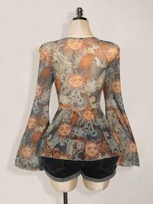 SHEIN ICON Áo len dệt kim buộc trước in họa tiết cổ điển Y2K cỡ lớn, họa tiết Paisley thần Mặt trời, phong cách Boho, áo cánh in họa tiết mỏng tay loe, lễ hội âm nhạc, kỳ nghỉ hè - Màu xanh lam - Xem 2