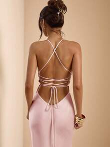 SHEIN BAE Apricot & White Deep V-Neck Spaghetti Strap Super Long Backless Tie Satin Mermaid Dress, Elegant Dress, Vacation Dress, Bridesmaid Dress, Birthday Party Dress, Back To School/Graduation Dress, White Dress,Wedding Guest Dress Women - Dusty Pink - View 8