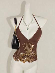 SHEIN ICON 女式 Y2K 花卉串珠刺绣不对称下摆露背修身背心，性感迷人 - 棕色 - 查看 4