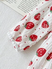 SHEIN Salopetă pentru bebeluși cu imprimeu dulce de căpșuni, cu funde și bentiță, potrivită pentru primăvară/toamnă toamnă-iarnă, 1 bucată - Roz - Vizualizare 6