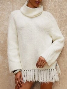 SHEIN Privé VITNOS Women's Off-White Autumn Casual Oversized Knit Sweater,Turtleneck Long Sleeve Tasseled Fringe Elegant Party Sweater For Any Occasion,Holiday - Beige - View 6