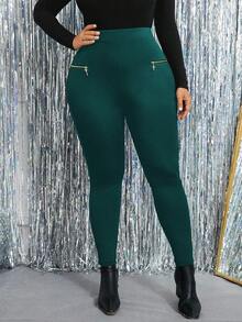 SHEIN Clasi 大码女式纯色休闲装饰拉链弹力紧身裤 - 墨綠色 - 查看 3