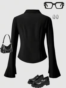 Tween Girls' Printed Fitted Button-Down Long Sleeve Casual Shirt, Book Week Costumes For Tween Girl Fall Winter - Black - View 2