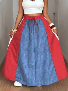 Maweii Váy denim chắp vá không co giãn, màu tương phản, họa tiết denim, dây rút eo, cỡ lớn dành cho nữ, mùa thu/đông - Nhiều màu - Xem 5