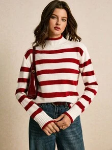Poéselle 女式休闲拼色条纹立领毛衣，秋冬 - 紅白色 - 查看 2