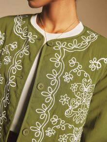 Poéselle 女士休闲复古保暖长袖纽扣式棉服 - 軍綠色 - 查看 6