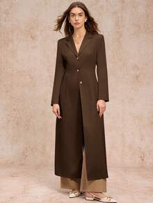 Poéselle 女式纯色翻领长袖单排扣长款休闲西装外套，秋季 - 棕色 - 查看 3