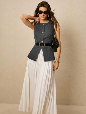 Poéselle Women Solid Color Sleeveless Top And Skirt Suit Set