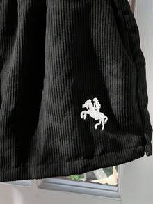 Comfortcana 女士新款灯芯绒刺绣宽松短裤 - 黑色 - 查看 7