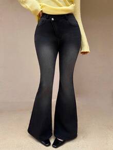 K-Vae 女秋冬不对称腰带保暖内衬喇叭裤，日常修身基础款，冬季搭配，新年装 - 黑色 - 查看 4