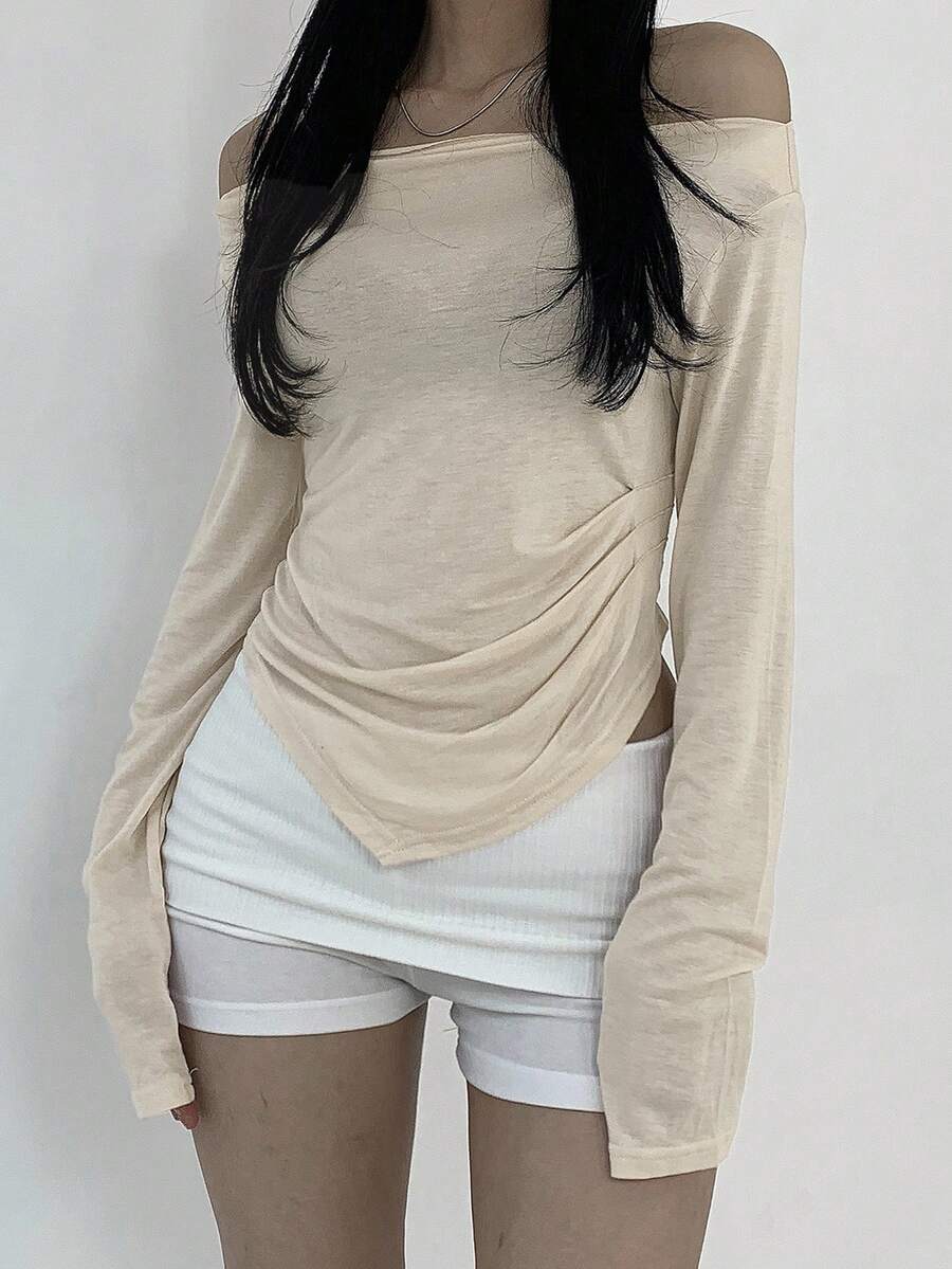 DAZY 纯色露肩不对称领口褶皱 T 恤，返校服长袖女上衣，秋季女装 - 杏色 - 查看 1