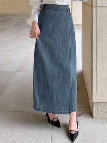 DAZY 女士裹身式侧系带开衩长款休闲牛仔裙 - 中等水洗藍 - 查看 6