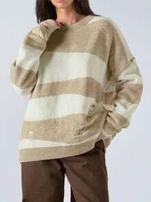 LYSMO Women's Casual Colorblock Striped Distressed Sweater, Autumn/Winter - Green - View 1