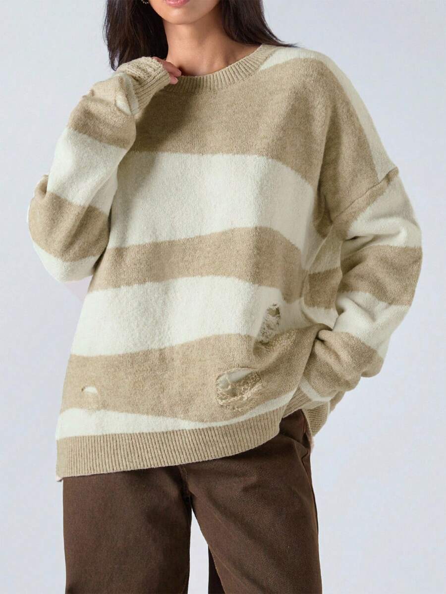 LYSMO Women's Casual Colorblock Striped Distressed Sweater, Autumn/Winter - Green - View 1