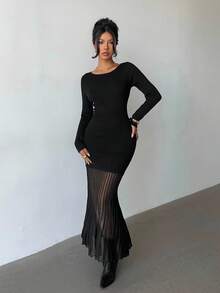 Elenzga Women's Elegant Fitted Boat Neck Organza Patchwork Hem Sweater Dress - Black - View 5