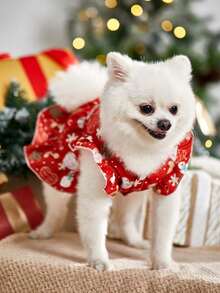 PETSIN 1 Cute Christmas Printed Red Dress Princess Dress Pet Bubble Sleeve Skirt