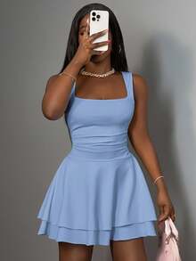 Slaydiva 2026春夏新款休闲度假浪漫基础款街头日常性感优雅通勤派对夜店俱乐部纯白无袖层叠迷你连衣裙，女士大码连衣裙 - 淺藍色 - 查看 5