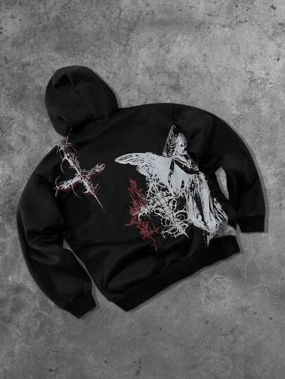 Street Life Sweat-shirt à capuche décontracté avec cordon de serrage et imprimé croix pour hommes, pour l'automne