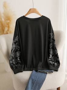 CosyJoli Teacher's Day Halloween Casual Versatile Plus Size Casual Long Sleeve Personalized Sleeve Floral Pattern Loose Round Neck Pullover, Women's Autumn Clothing Suitable For Autumn And Winter - Black - View 2