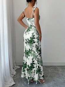 Elenzga 新款女式细肩带蝴蝶结腰部褶饰下摆开衩设计连衣裙，适合约会、派对、日常穿着，优雅迷人 - 綠色 - 查看 2