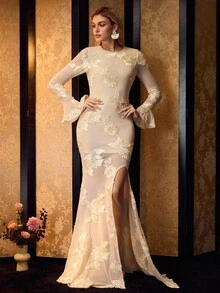 MOTF PREMIUM BACKLESS FLORAL SPLIT THIGH PROM DRESS - Apricot - View 5