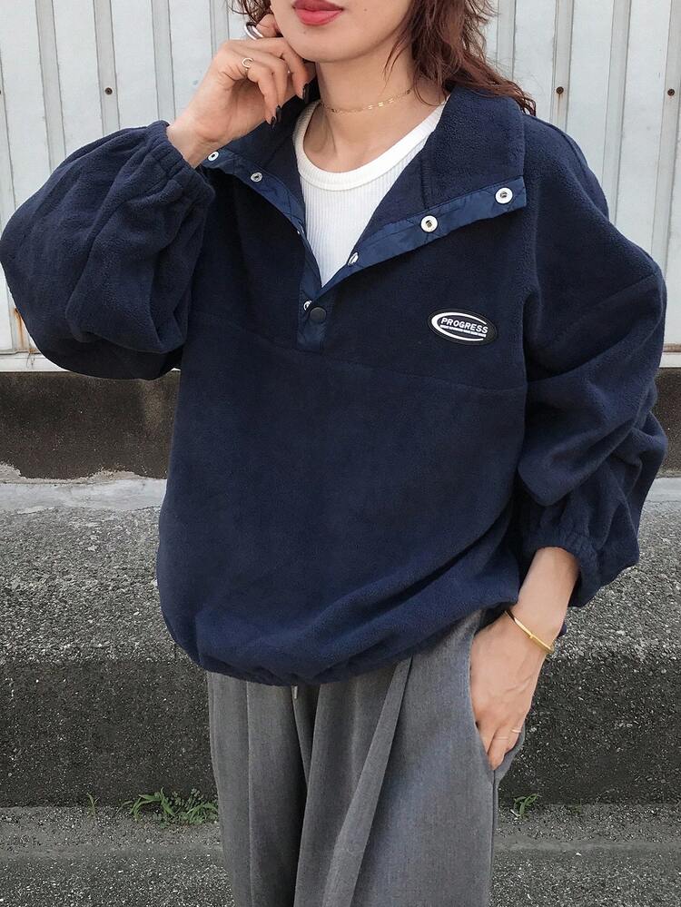 FRIFUL 전면 로고 프린트가 있는 여성용 루즈핏 하이넥 스웨트셔츠, 두꺼운 보온 안감, 가을 - 블루 - 보기 4