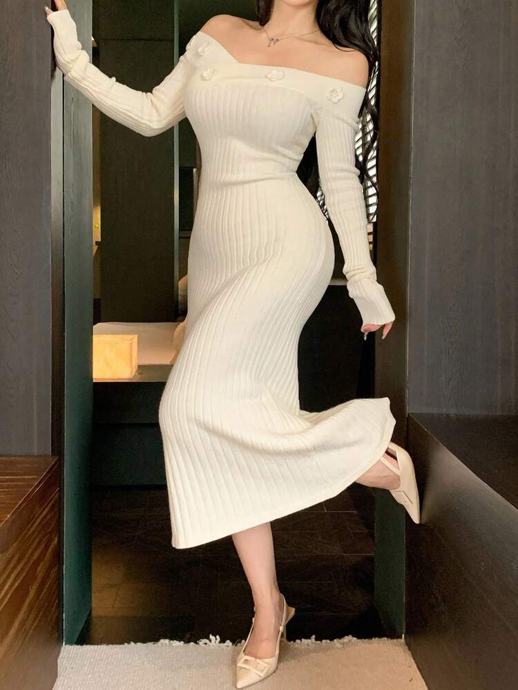 Women's Elegant Solid Color V-Neck Sweater Dress, Autumn Off Shoulder Top