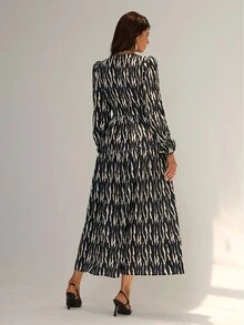 Almamuse Women's Elegant Zebra Pattern Jacquard Print Long Lantern Sleeve Dress - Multicolor - View 2