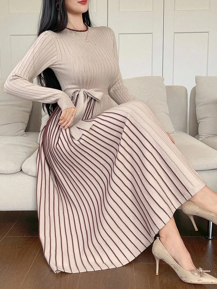 Women's Elegant Colorblock Collar Pleated Belt Sweater Dress, Autumn
