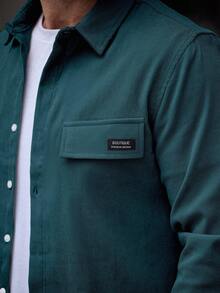 Manfinity Homme Áo sơ mi nhung kẻ tay dài cài nút đơn giản, đơn giản, thường ngày cho nam, thu đông - Màu xanh lá cây đậm - Xem 5