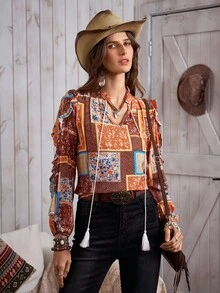 LanaWest Women's Autumn/Winter New Retro Western Paisley Asymmetrical Print Notched Neck Frill Trim Long Sleeve Tie-Up Tassel Loose Bohemian Style Casual Versatile Blouse Fall Cloth For Women - Brown - View 4