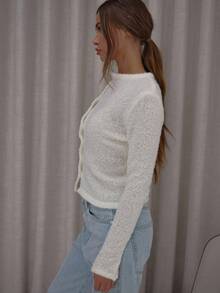 MUSERA Asymmetric Button Down Fluffy Knit Cardigan Cute Classy Sexy Streetwear Night Out Evening Party Elegant - White - View 4