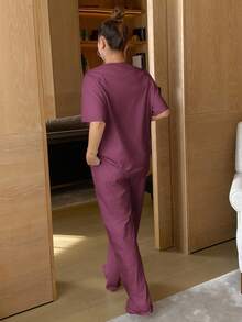 DAZY Cute Cartoon Print Raglan Sleeve Loose Pajama Set - Red Violet - View 2